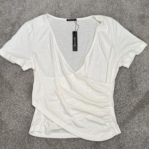Aritzia White Surplice Ruched Short Sleeve Top